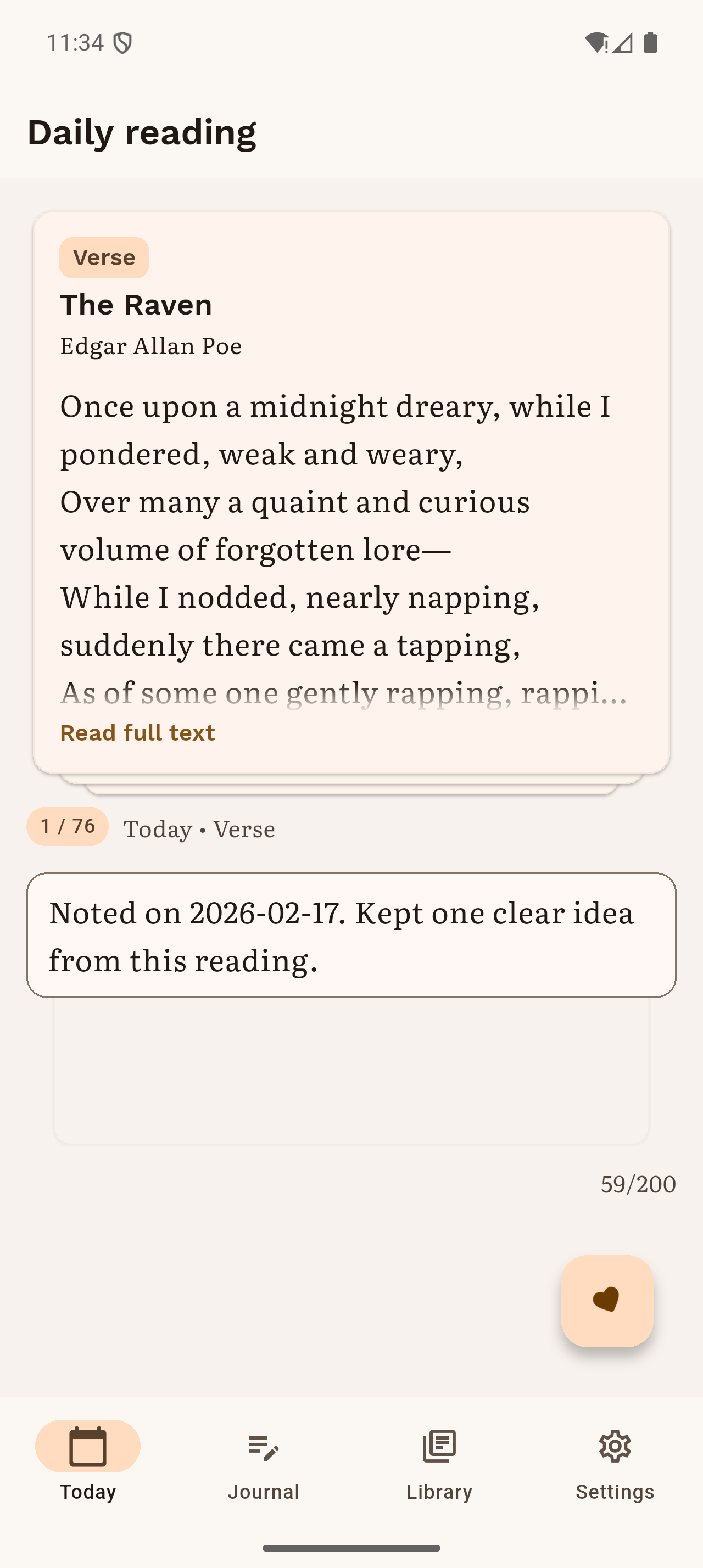 InkBit Today screen with the daily reading card, reflection field, and favorite action