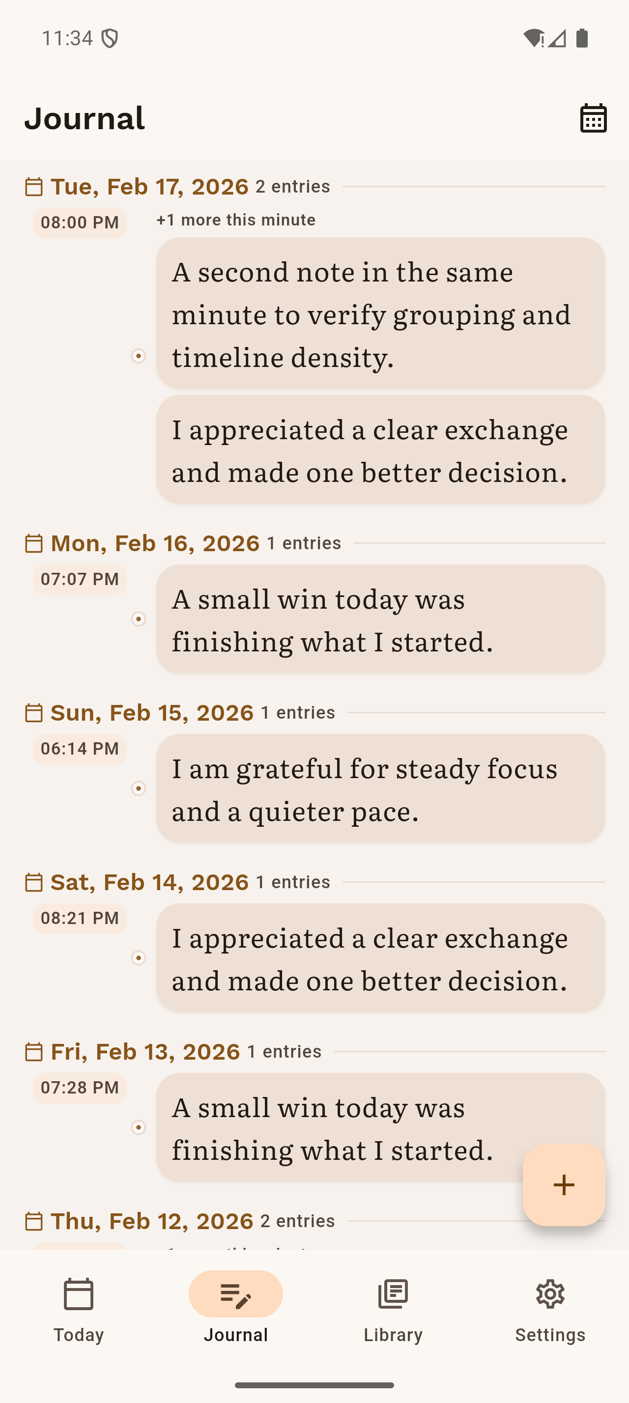 InkBit journal screen showing grouped daily reflection entries