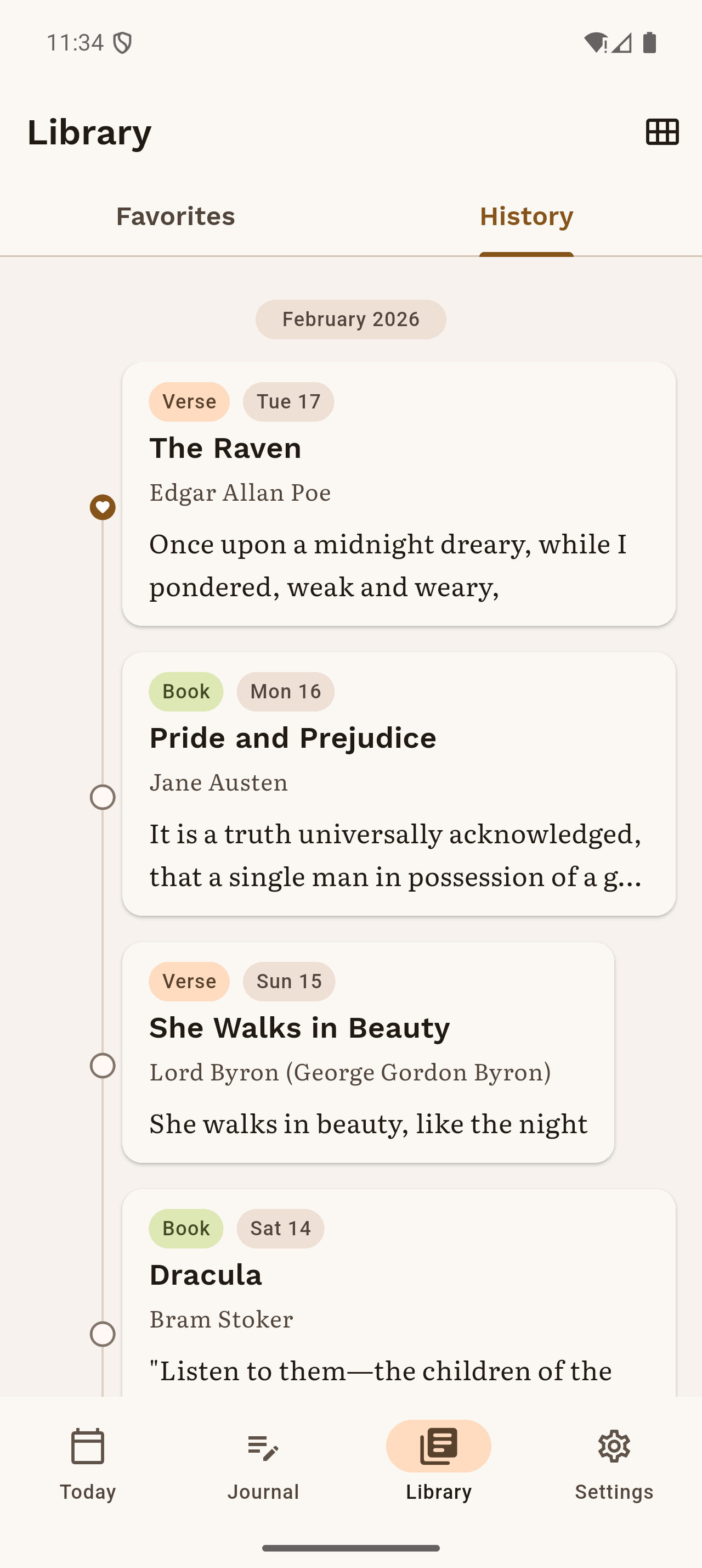 InkBit library history showing saved readings and favorites