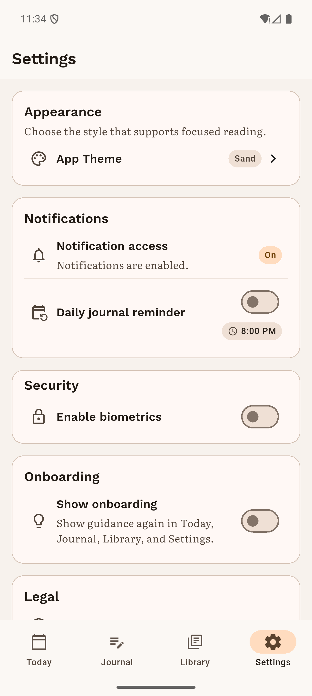 InkBit settings screen with appearance, reminders, and security controls