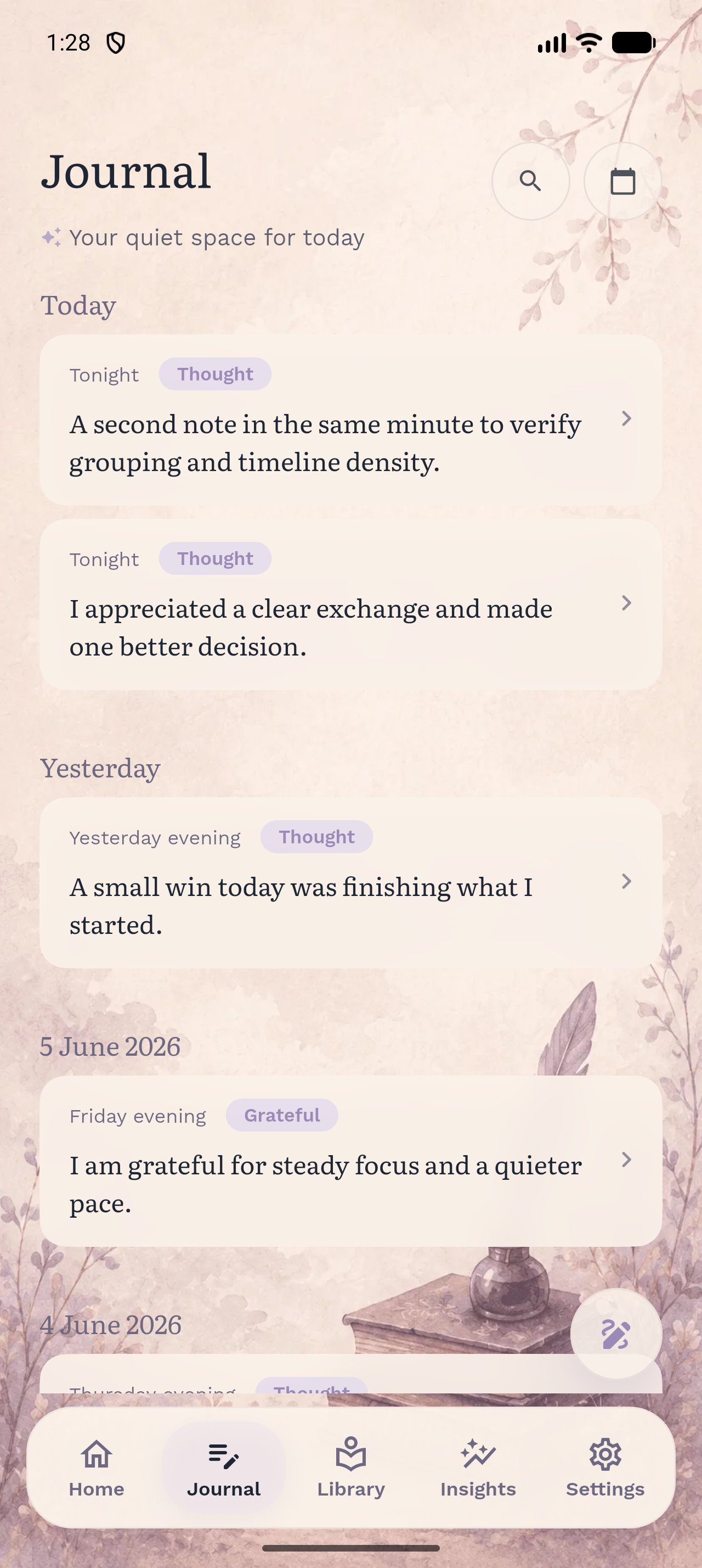 InkBit journal timeline showing private reflections grouped by date
