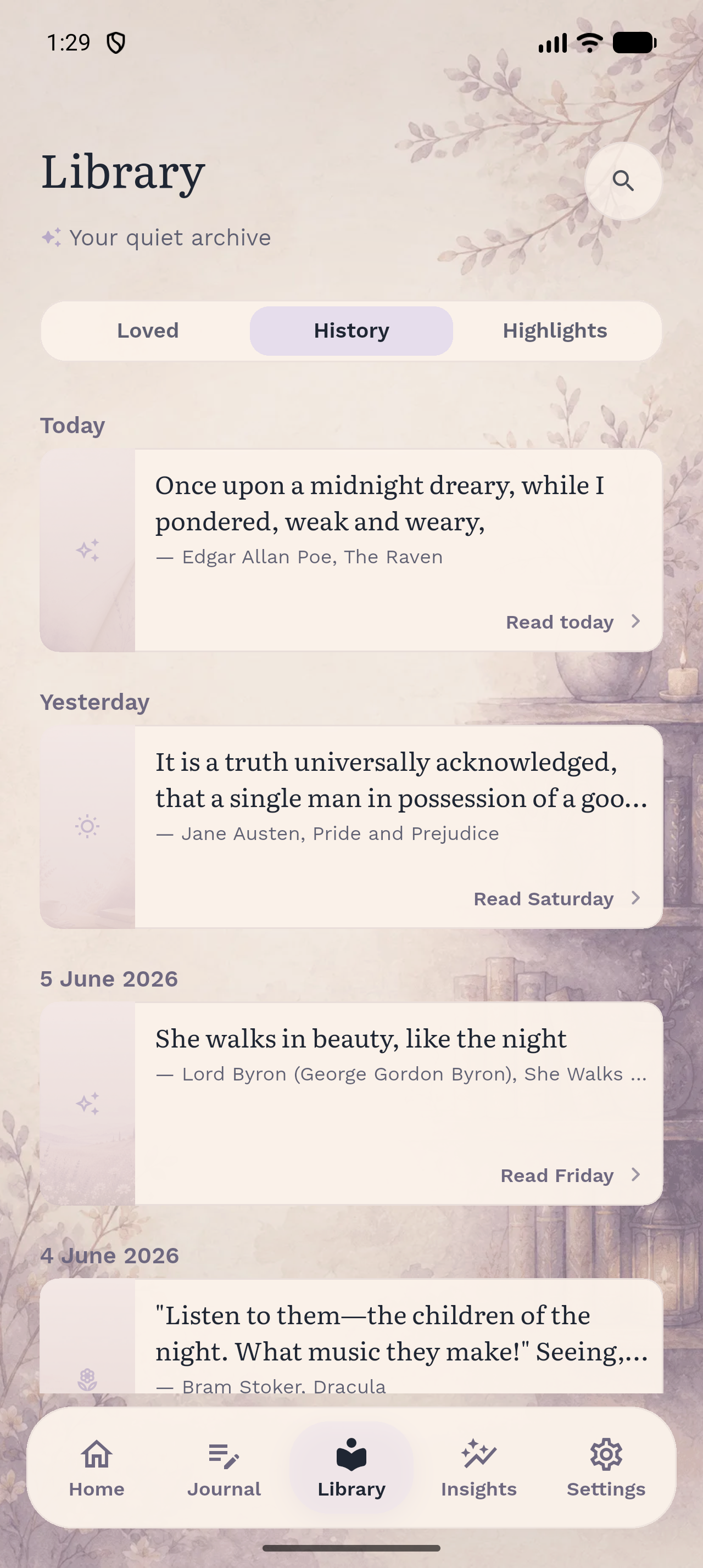 InkBit library history screen with saved literary passages over time