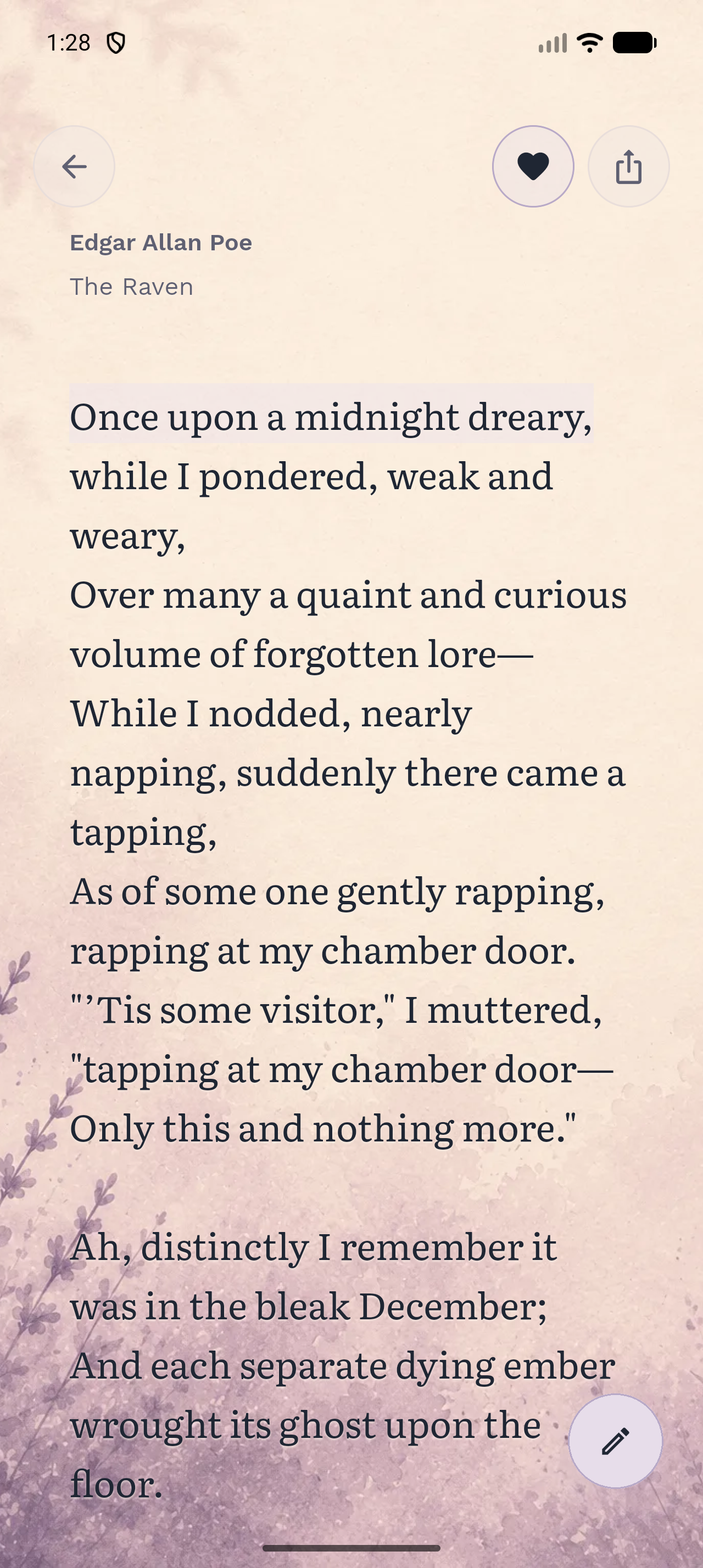 InkBit focused reading screen with quiet typography for a literary excerpt